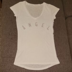 Victorias Secret White 'Angel' V-Neck Tee With Wing Graphic On Back Sz XS